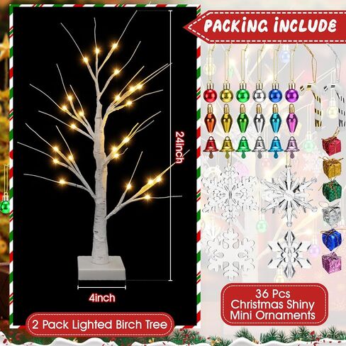 Liliful 2 Set 2 ft Christmas Lighted Tree and 36 Pcs Shiny Mini Christmas Ornament Display Tree, White Tabletop Tree 24 LED Warm White Lights Battery and USB Powered, Small Hanging Christmas Decor in Kuwait