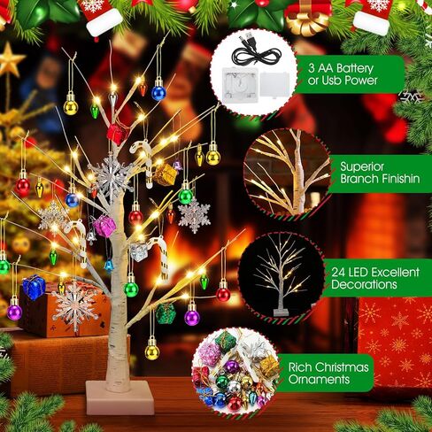 Liliful 2 Set 2 ft Christmas Lighted Tree and 36 Pcs Shiny Mini Christmas Ornament Display Tree, White Tabletop Tree 24 LED Warm White Lights Battery and USB Powered, Small Hanging Christmas Decor in Kuwait