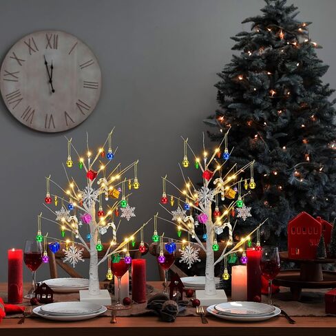 Liliful 2 Set 2 ft Christmas Lighted Tree and 36 Pcs Shiny Mini Christmas Ornament Display Tree, White Tabletop Tree 24 LED Warm White Lights Battery and USB Powered, Small Hanging Christmas Decor in Kuwait