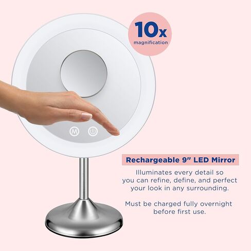 مرآة مكياج مضاءة من كونير مع تكبير موضعي 10 مرات، مرآة زينة LED، مرآة محمولة باليد، مرآة مكبرة 1X/10x، قابلة لإعادة الشحن من النيكل الساتان in Kuwait