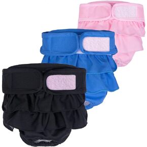 Washable Female Dog Diapers, Premium Doggie Diapers and Puppies Dogs Heat Panties for Girl Dogs Periods Reusable, Dog Princess Dress (Medium Size (Pack of 3), Black Blue Pink)