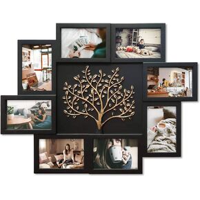 Hello Laura - إطارات صور شجرة العائلة مقاس 4 × 6 لتزيين الحائط وعرض 8 صور مفتوحة إطار مجمع للجدار مع ديكور شجرة لغرفة النوم المنزلية - أسود