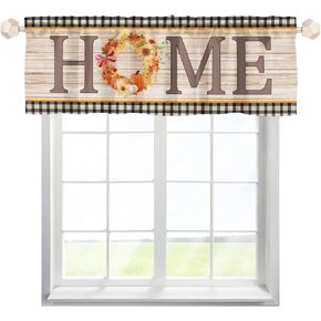 Home Kitchen Curtain Valance Sunflower Pumpkin Wreath Thanksgiving Check Plaids Curtain Valance for Window, Wooden Valance Window Treatment Rod Pocket Short Half Curtain for Rooms in Kuwait