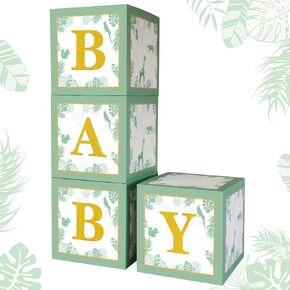 مكعبات استحمام للأطفال باللون الأخضر المريمية، صناديق للأطفال مع حروف لديكور حضانة البنات والأولاد، مطبوعة باللون البني تكشف عن الجنس ديكورات الحفلات البرية لوازم عيد ميلاد واحدة (سفاري) in Kuwait