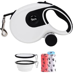 JinRui-T Retractable Dog Leash Heavy Duty 360°Tangle-Free Pet Walking Leashes Anti-Slip Handle 16ft Strong Nylon Cord with Poop Bag Dispenser&Bowl for Medium Large Small Dog(White)