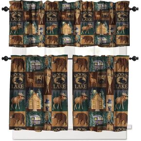 Retro Rustic Style Curtain Set, Vintage Moose Deer Bear Leaf Tree Country Style Farmhouse Cottage Cabin Window Valances and Tier Set for Kitchen Living Room Café Décor in Kuwait