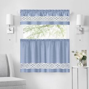 Achim Paige 5-Piece Window Curtain Set - 55 Width, 84 Length, 2 Inch Rod Pocket - Blue - Light Filtering Set Includes Valance with Attached Panels & Two Tie Backs - Machine Washable Home Decor in Kuwait