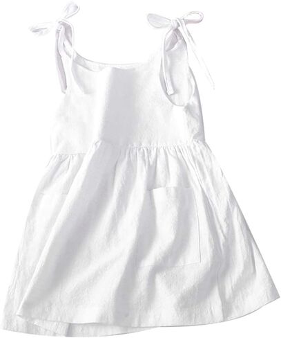 GLIGLITTR Toddler Baby Girls Summer Cotton Linen White Dress Bow Straps Sleeveless with Pockets Party Beach Casual Sundress in Saudi Arabia