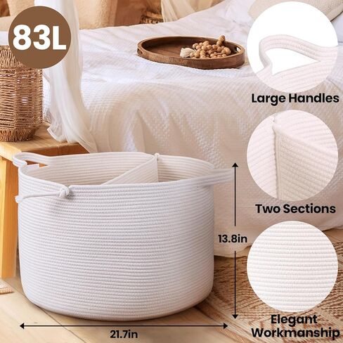 سلة ZLG كبيرة جدًا بسعة 83 لتر، سلة غسيل، سلة فصل، سلة بطانية، سلة غرفة المعيشة، سلة وسادة، منظم ألعاب الأطفال، صندوق تخزين منسوج للأطفال مع مقابض، سلة ملابس متسخة in Kuwait