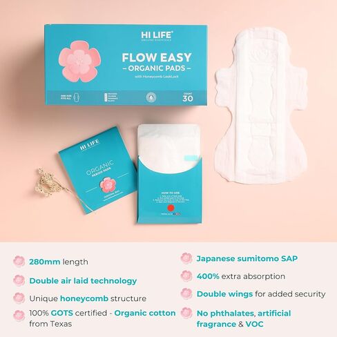 هاي لايف فوط عضوية | فوط صحية | فوط للنساء | بين عشية وضحاها والتدفق الثقيل | فائقة الامتصاص مع كيس التخلص من النفايات القابل للتحلل البيولوجي وهيكل قفل فريد على شكل قرص العسل لفترات خالية من الطفح الجلدي - عبوة من 30 قطعة in Kuwait
