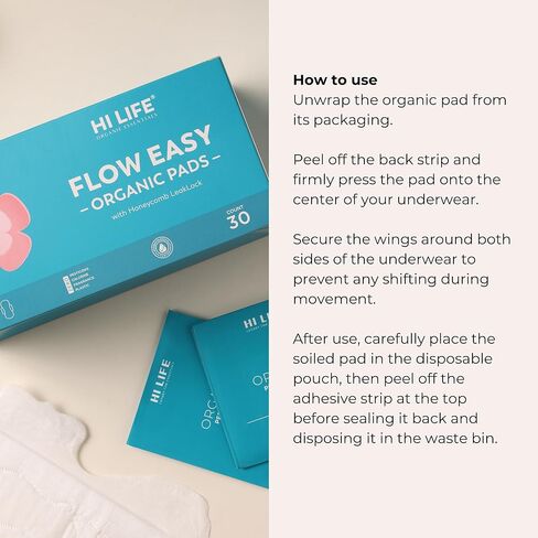 هاي لايف فوط عضوية | فوط صحية | فوط للنساء | بين عشية وضحاها والتدفق الثقيل | فائقة الامتصاص مع كيس التخلص من النفايات القابل للتحلل البيولوجي وهيكل قفل فريد على شكل قرص العسل لفترات خالية من الطفح الجلدي - عبوة من 30 قطعة in Kuwait