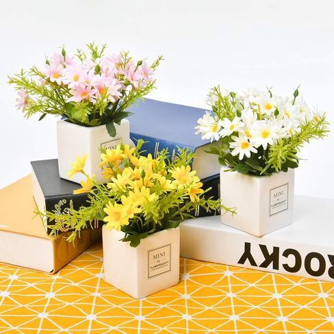 AIFUSI الزهور الاصطناعية، زهرة الأقحوان مع مزهرية زهور الأقحوان الاصطناعية الحريرية باقة نبات بونساي وهمية للديكور المنزلي والمكتب والزفاف، وترتيب القطع المركزية للطاولة، وديكور النوافذ in Kuwait