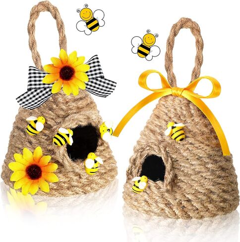 Yulejo 2 Pcs Mini Beehive Farmhouse Bee Summer Tiered Tray Decor Farmhouse Coffee Table Decor Spring Sunflower Shelf Sitter Coffee Bar Kitchen Table Home Decorations Bee Bookshelf Decor(Bee) in Saudi Arabia