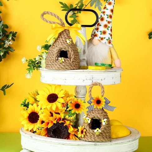 Yulejo 2 Pcs Mini Beehive Farmhouse Bee Summer Tiered Tray Decor Farmhouse Coffee Table Decor Spring Sunflower Shelf Sitter Coffee Bar Kitchen Table Home Decorations Bee Bookshelf Decor(Bee) in Saudi Arabia