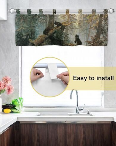 ستائر Vograud للنوافذ، ستائر نافذة المطبخ العلوية باللون الأسود الدب في الغابة، معالجة نافذة قصيرة لغرفة المعيشة وغرفة النوم والحمام، 54 بوصة × 18 بوصة in Kuwait