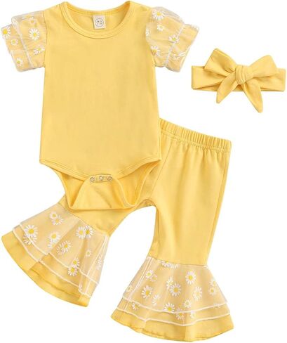 Madjtlqy طفل الفتيات جرس قيعان 3 قطع ملابس ديزي شبكة خليط Playsuit متوهج السراويل عقال in Kuwait