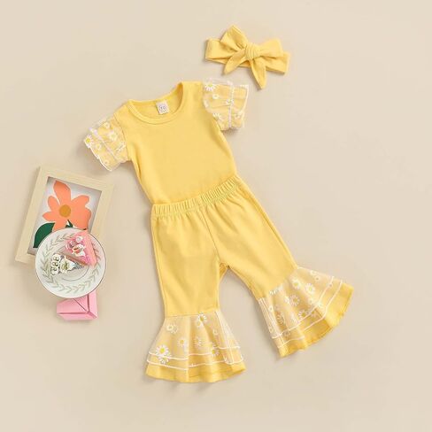 Madjtlqy طفل الفتيات جرس قيعان 3 قطع ملابس ديزي شبكة خليط Playsuit متوهج السراويل عقال in Kuwait