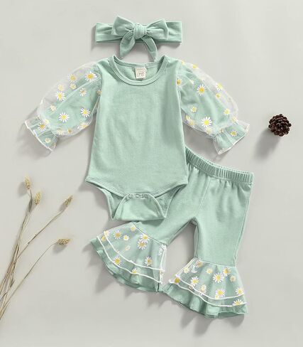 Madjtlqy طفل الفتيات جرس قيعان 3 قطع ملابس ديزي شبكة خليط Playsuit متوهج السراويل عقال in Kuwait