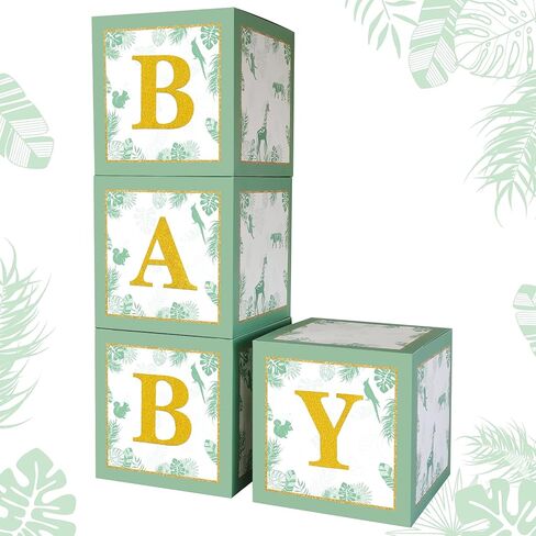 مكعبات استحمام للأطفال باللون الأخضر المريمية، صناديق للأطفال مع حروف لديكور حضانة البنات والأولاد، مطبوعة باللون البني تكشف عن الجنس ديكورات الحفلات البرية لوازم عيد ميلاد واحدة (سفاري) in Kuwait