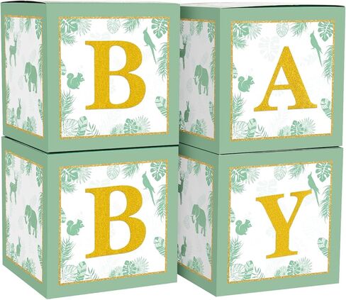 مكعبات استحمام للأطفال باللون الأخضر المريمية، صناديق للأطفال مع حروف لديكور حضانة البنات والأولاد، مطبوعة باللون البني تكشف عن الجنس ديكورات الحفلات البرية لوازم عيد ميلاد واحدة (سفاري) in Kuwait