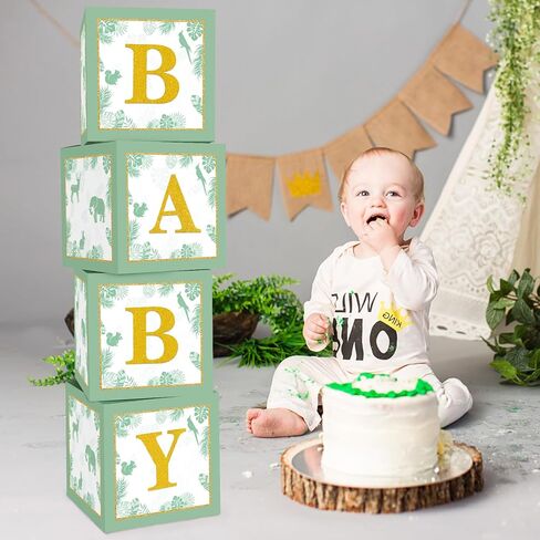 مكعبات استحمام للأطفال باللون الأخضر المريمية، صناديق للأطفال مع حروف لديكور حضانة البنات والأولاد، مطبوعة باللون البني تكشف عن الجنس ديكورات الحفلات البرية لوازم عيد ميلاد واحدة (سفاري) in Kuwait