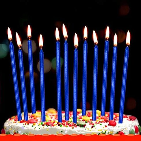 12 شموع كعكة عيد ميلاد زرقاء رفيعة وطويلة في حوامل لتزيين حفلات أعياد الميلاد وحفلات الزفاف والكب كيك والشموع الطويلة in Kuwait