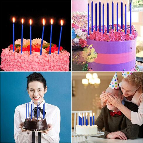 12 شموع كعكة عيد ميلاد زرقاء رفيعة وطويلة في حوامل لتزيين حفلات أعياد الميلاد وحفلات الزفاف والكب كيك والشموع الطويلة in Kuwait