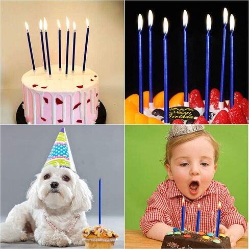 12 شموع كعكة عيد ميلاد زرقاء رفيعة وطويلة في حوامل لتزيين حفلات أعياد الميلاد وحفلات الزفاف والكب كيك والشموع الطويلة in Kuwait