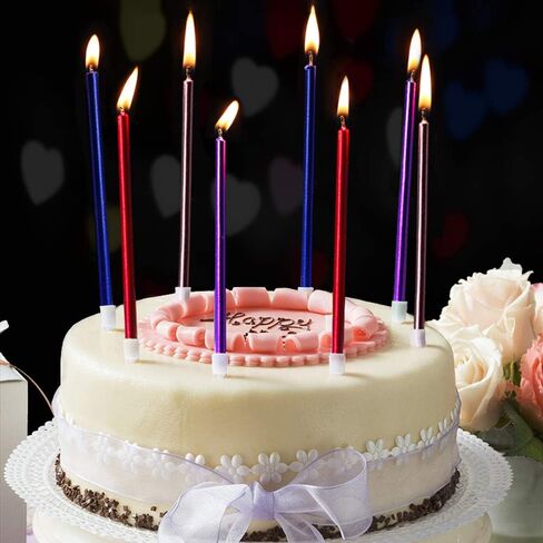 12 شموع كعكة عيد ميلاد زرقاء رفيعة وطويلة في حوامل لتزيين حفلات أعياد الميلاد وحفلات الزفاف والكب كيك والشموع الطويلة in Kuwait