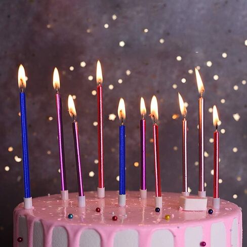 12 شموع كعكة عيد ميلاد زرقاء رفيعة وطويلة في حوامل لتزيين حفلات أعياد الميلاد وحفلات الزفاف والكب كيك والشموع الطويلة in Kuwait
