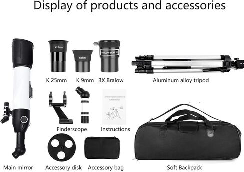 تلسكوب فلكي SKYOPTIKST 500x80 - تلسكوب 80 مم مع حامل ثلاثي القوائم وحقيبة محمولة ومحول الهاتف in Kuwait