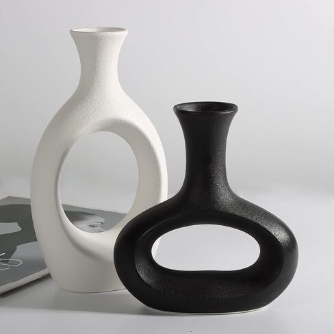 مجموعة مزهرية مجوفة من السيراميك باللونين الاسود والابيض من ذا 7 بوكس، مزهرية ديكور منزلي عصرية للزهور والنباتات الخضراء لغرفة المعيشة وغرفة النوم in Kuwait