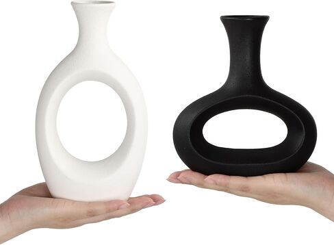 مجموعة مزهرية مجوفة من السيراميك باللونين الاسود والابيض من ذا 7 بوكس، مزهرية ديكور منزلي عصرية للزهور والنباتات الخضراء لغرفة المعيشة وغرفة النوم in Kuwait