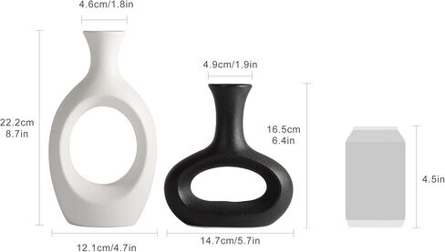 مجموعة مزهرية مجوفة من السيراميك باللونين الاسود والابيض من ذا 7 بوكس، مزهرية ديكور منزلي عصرية للزهور والنباتات الخضراء لغرفة المعيشة وغرفة النوم in Kuwait