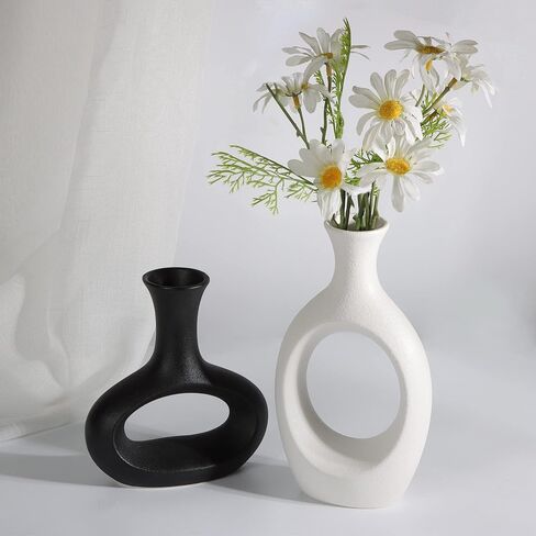مجموعة مزهرية مجوفة من السيراميك باللونين الاسود والابيض من ذا 7 بوكس، مزهرية ديكور منزلي عصرية للزهور والنباتات الخضراء لغرفة المعيشة وغرفة النوم in Kuwait