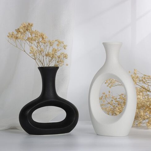 مجموعة مزهرية مجوفة من السيراميك باللونين الاسود والابيض من ذا 7 بوكس، مزهرية ديكور منزلي عصرية للزهور والنباتات الخضراء لغرفة المعيشة وغرفة النوم in Kuwait