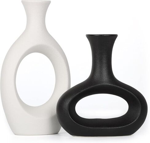 مجموعة مزهرية مجوفة من السيراميك باللونين الاسود والابيض من ذا 7 بوكس، مزهرية ديكور منزلي عصرية للزهور والنباتات الخضراء لغرفة المعيشة وغرفة النوم in Kuwait