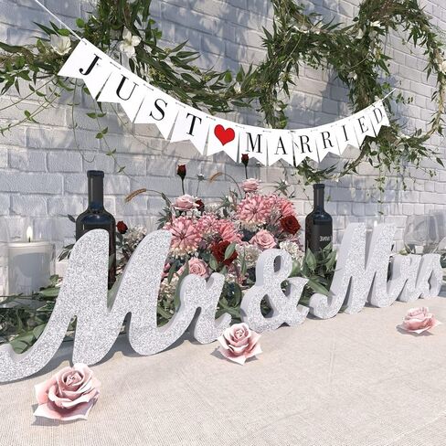 Mr & Mrs Sign for Wedding Table, Large White Wooden Mr and Mrs Sign & Just Married Banner Wedding Sweetheart Table Decorations, Photo Props Anniversary Party Wedding Decoration in Saudi Arabia