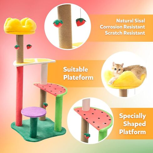 برج للقطط على شكل شجرة للقطط الداخلية مع أعمدة خدش مغطاة بالسيزال ومنصة على شكل فاكهة، اثاث مركز نشاط برج القطط متعدد المستويات للقطط والحيوانات الاليفة من دوكال in Kuwait