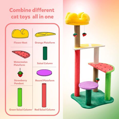 برج للقطط على شكل شجرة للقطط الداخلية مع أعمدة خدش مغطاة بالسيزال ومنصة على شكل فاكهة، اثاث مركز نشاط برج القطط متعدد المستويات للقطط والحيوانات الاليفة من دوكال in Kuwait