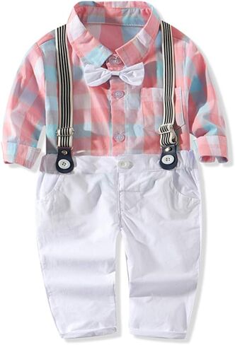 Baby Boys Gentleman Outfits Suits, Infant Long Sleeve Shirt+Bib Pants+Bow Tie Overalls Clothes Set in Saudi Arabia