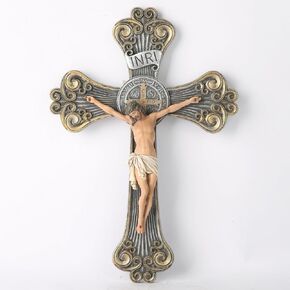 BC Catholic Wall St. Benedict Cross, Crucifix Wall Cross, Catholic Gifts, Hand-painted in Metal Cross with Realistic Jesus, 12"H Handmade by Buildclassic in Kuwait