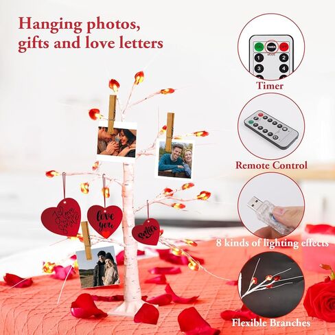 HOHOTIME 2 جهاز كمبيوتر شخصى ديكور عيد الحب شجرة الروح الخفيفة الجنية، زينة عيد الحب شجرة متلألئة، وأشجار البتولا مع 48 قلادة حب، USB، جهاز تحكم عن بعد مع مؤقت، إضاءة طاولة غرفة النوم الداخلية in Kuwait