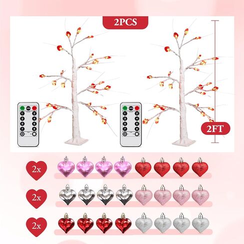 HOHOTIME 2 جهاز كمبيوتر شخصى ديكور عيد الحب شجرة الروح الخفيفة الجنية، زينة عيد الحب شجرة متلألئة، وأشجار البتولا مع 48 قلادة حب، USB، جهاز تحكم عن بعد مع مؤقت، إضاءة طاولة غرفة النوم الداخلية in Kuwait