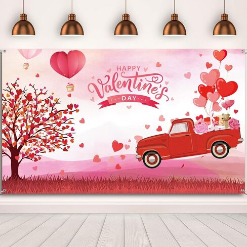 Happy Valentine's Day Backdrop Banner Red Love Heart Balloons Photography Background Truck Tree Backdrop Valentine Day Photo Shoot Props for Valentine Party Supplies and Decorations in Kuwait