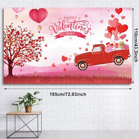Happy Valentine's Day Backdrop Banner Red Love Heart Balloons Photography Background Truck Tree Backdrop Valentine Day Photo Shoot Props for Valentine Party Supplies and Decorations in Kuwait