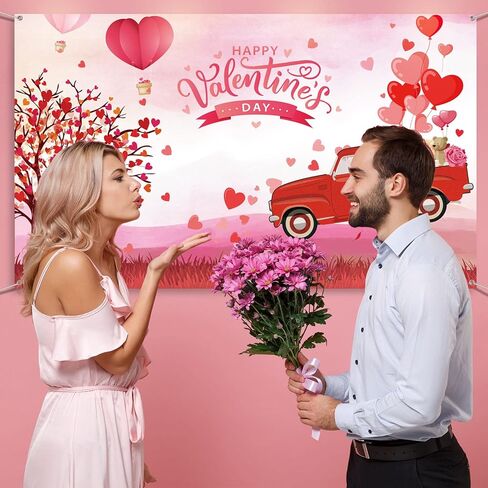 Happy Valentine's Day Backdrop Banner Red Love Heart Balloons Photography Background Truck Tree Backdrop Valentine Day Photo Shoot Props for Valentine Party Supplies and Decorations in Kuwait