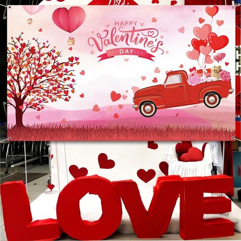 Happy Valentine's Day Backdrop Banner Red Love Heart Balloons Photography Background Truck Tree Backdrop Valentine Day Photo Shoot Props for Valentine Party Supplies and Decorations in Kuwait