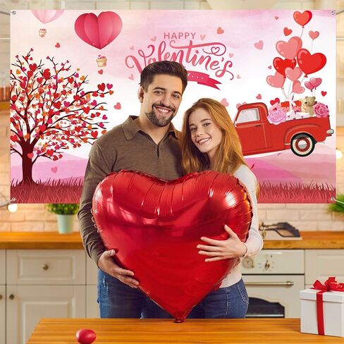 Happy Valentine's Day Backdrop Banner Red Love Heart Balloons Photography Background Truck Tree Backdrop Valentine Day Photo Shoot Props for Valentine Party Supplies and Decorations in Kuwait