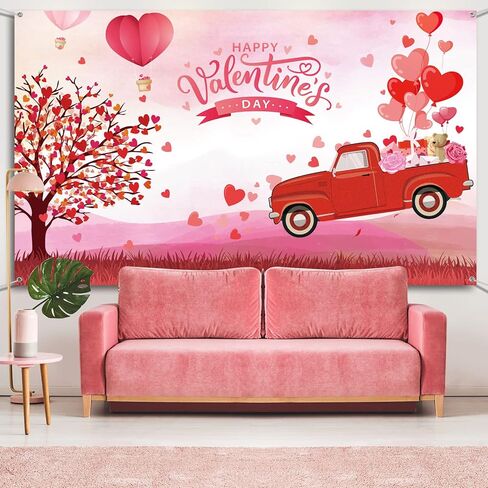 Happy Valentine's Day Backdrop Banner Red Love Heart Balloons Photography Background Truck Tree Backdrop Valentine Day Photo Shoot Props for Valentine Party Supplies and Decorations in Kuwait